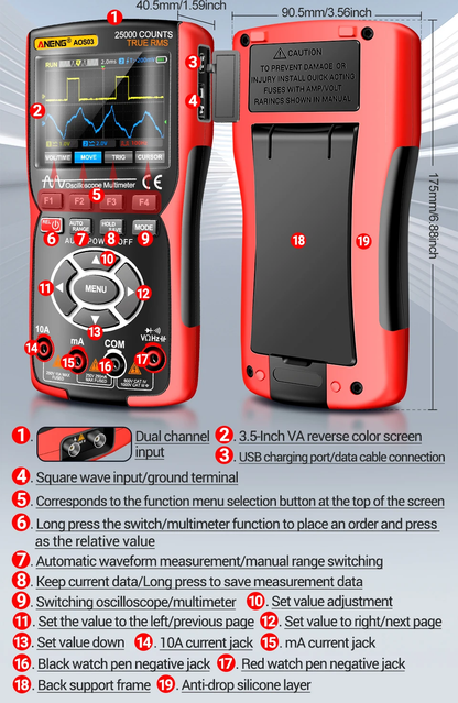 ANENG AOS03 Scope meter: 2 channel 50 Mhz scope - 25,000 count multimeter